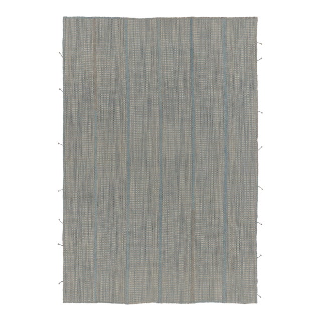 Rug & Kilim's Contemporary Kilim, Gray Textural Stripes with Blue Accents For Sale