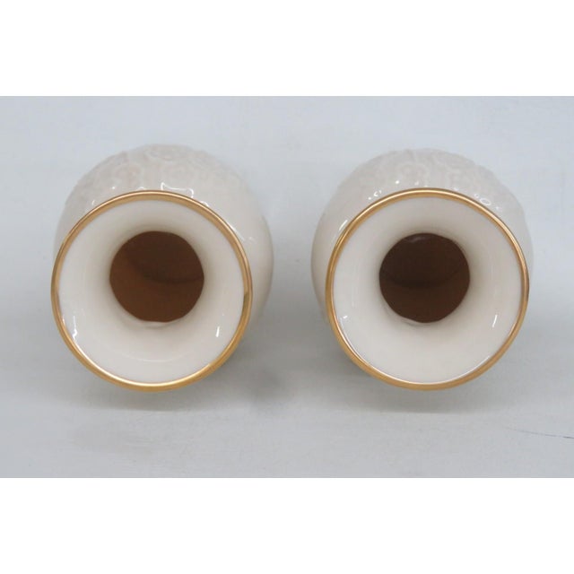 Ceramic Lenox Ming Blossom Vase Pair of 2 Embossed Ivory Porcelain With Gold Trim 4930b For Sale - Image 7 of 17