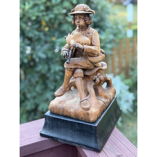 Wood Antique 18thC Signed Folk Art Sculpture Wood Carving, Itinerant Bagpipe Musician, Czech Bohemia For Sale - Image 7 of 16