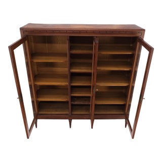 Large Carved Three Doors Two Glass Oak Bookcase Cabinet Arts & Crafts For Sale