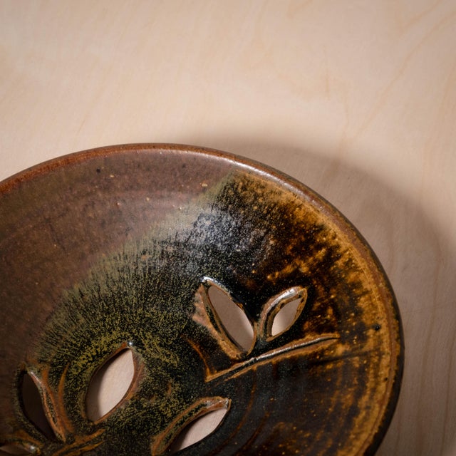 Sienna Rare Early 1960s Harrison McIntosh Vintage Pierced Olive Branch Ceramic Plate, Signed For Sale - Image 8 of 12