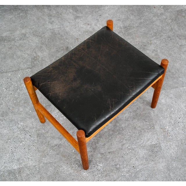 Mid Century Modern Ottoman Stool Swivel Black Solid Oak Wood Tufted Spottrup MCM For Sale In Sacramento - Image 6 of 12