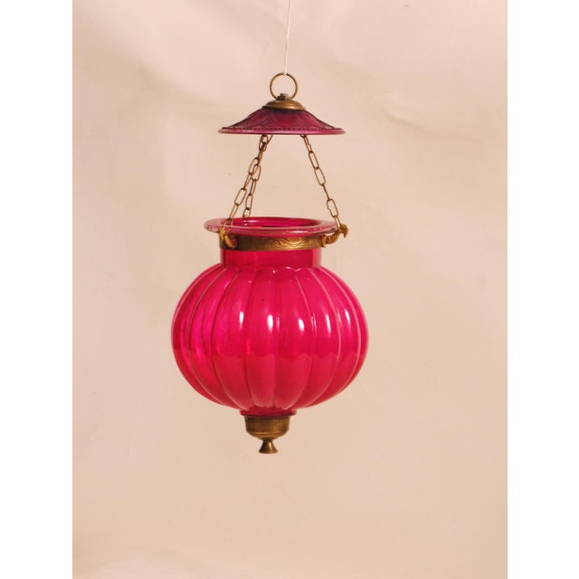 Indian Rajasthani Style Pumpkin-Shaped Pink Hand-Blown Glass Lantern with Brass Accents, 1970s, in Good conditions....