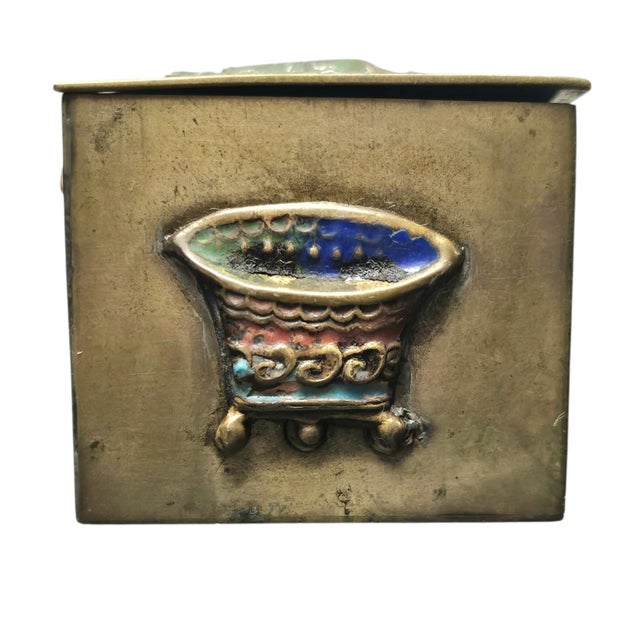 Early 20th-Century Chinese Brass Box With Applied Cloisonné Medallions (4.375"), Marked “China” For Sale - Image 11 of 14