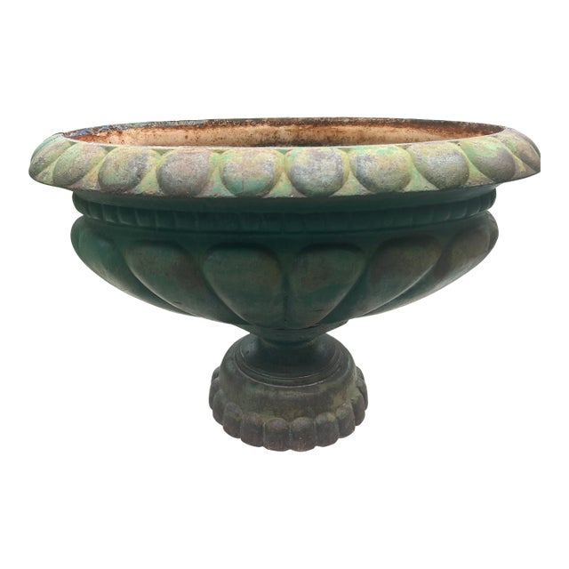 Antique French Style Victorian Cast Iron Garden Urn Tazza Planter — 25" For Sale