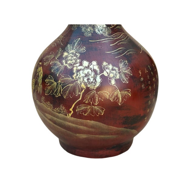 Chinese Brown Lacquer Golden Scenery Decorative Wood Vase Art For Sale - Image 14 of 16