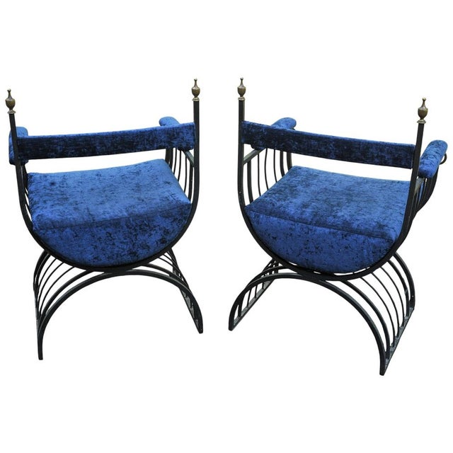Mid-Century Modern Savonarola Chairs with Blue Velvet Upholstery, 1960s, Set of 2 For Sale - Image 6 of 11