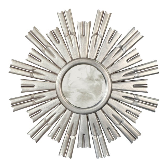 Matthew Izzo Home Rinaldo Handcarved Silver Leaf Round Sunburst Louis XIV Wall Mirror For Sale