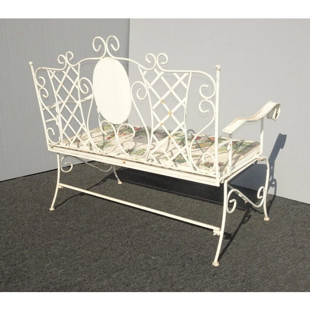 Vintage French Country White Wrought Iron Tiled Bench W Parrots Two Seater For Sale - Image 12 of 13