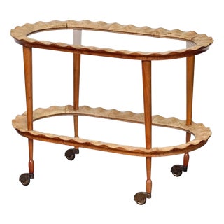 Italian Two-Tier Drinks Cart of Scalloped Wood and Glass - Mid 20th Century For Sale