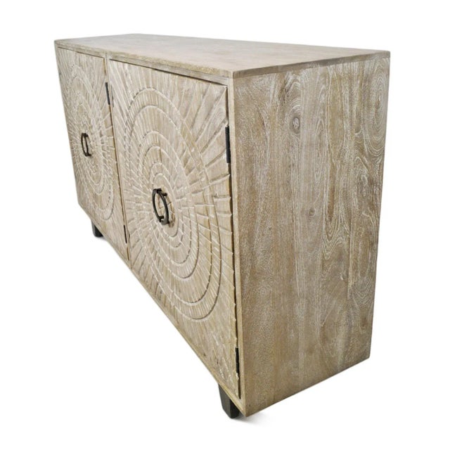 Washed Double Medallion Carved Wood Credenza For Sale - Image 4 of 12