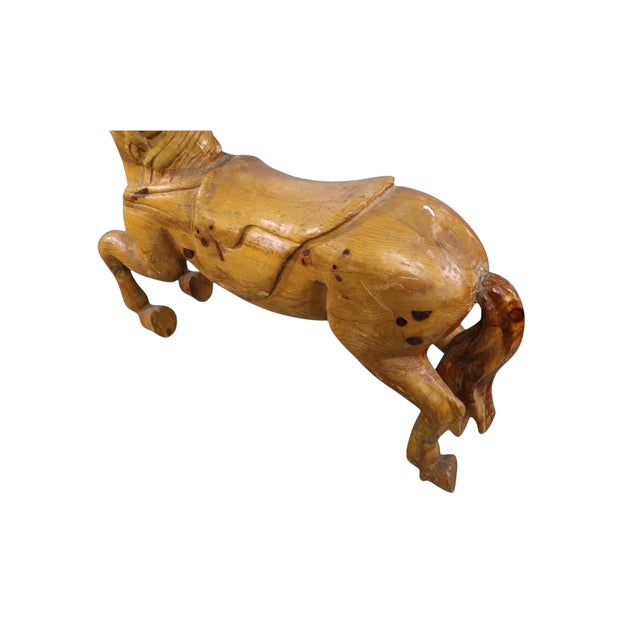 Early 20th Century Antique Carved Raw Wood Carousel Horse Mounted on Metal Stand For Sale - Image 5 of 6