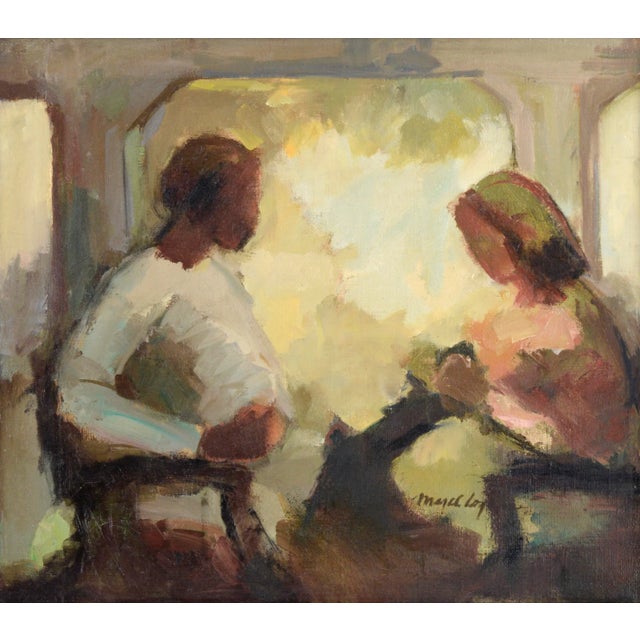 Bold composition of two people on a porch by Majel McHugh Logan (American, 1916-1982). Two people sit facing each other on...