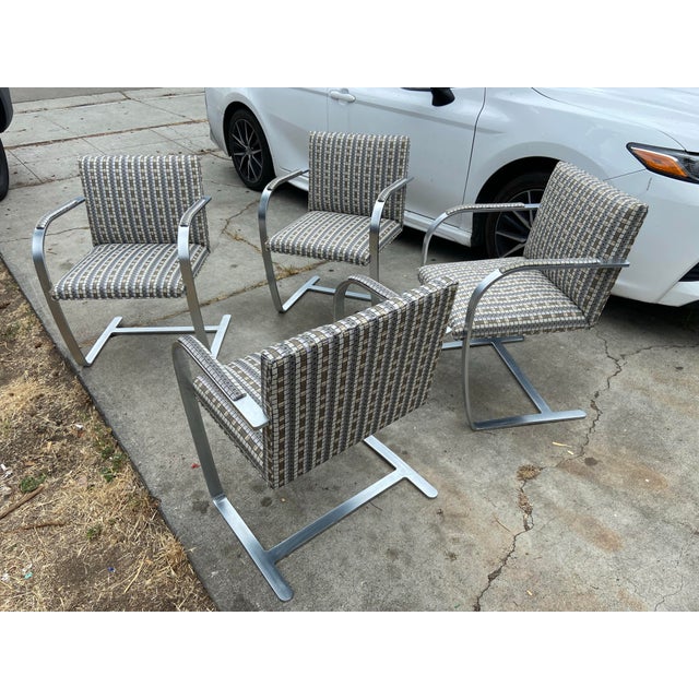 2003 Set of 4 Mies Van Der Rohe for Knoll Flat Bar Brno Arm Chairs Grid Fabric Pattern For Sale - Image 12 of 15