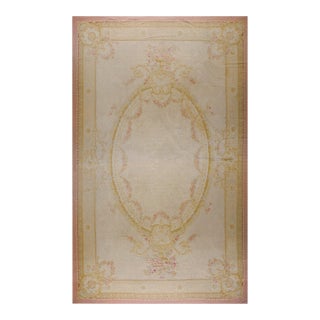 1890s Ivory Floral Medallion Antique French Aubusson Rug 13' 6'' X 22' 6'' Flatweave Wool Carpet For Sale