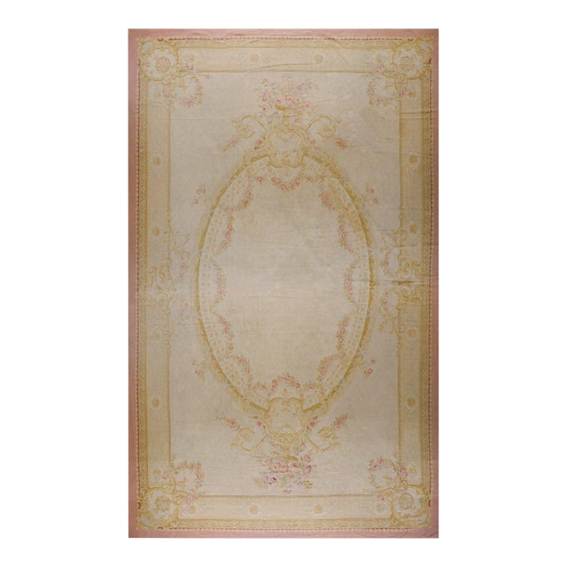 1890s Ivory Floral Medallion Antique French Aubusson Rug 13' 6'' X 22' 6'' Flatweave Wool Carpet For Sale