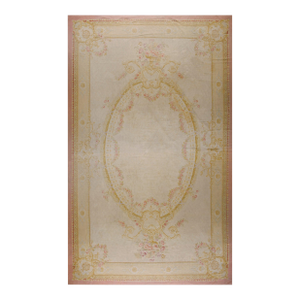 1890s Ivory Floral Medallion Antique French Aubusson Rug 13' 6'' X 22' 6'' Flatweave Wool Carpet