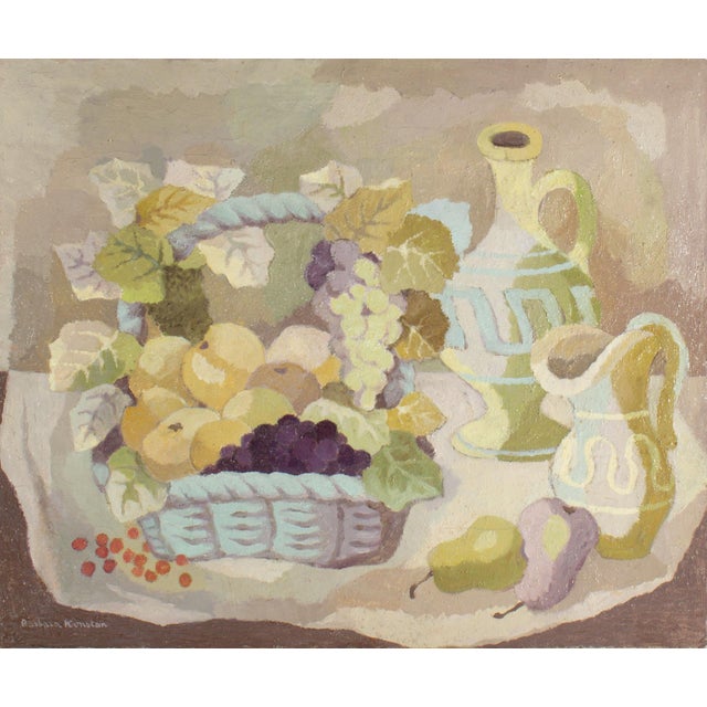 An oil on canvas still life painting by the Polish-French artist Barbara Konstan (1895-1966). This piece depicts a basket...