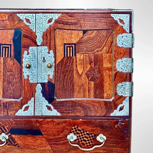 Brown Antique Japanese Yosegi-Zaiku Inlaid Parquetry Tansu Cabinet With Brass Fittings For Sale - Image 8 of 9