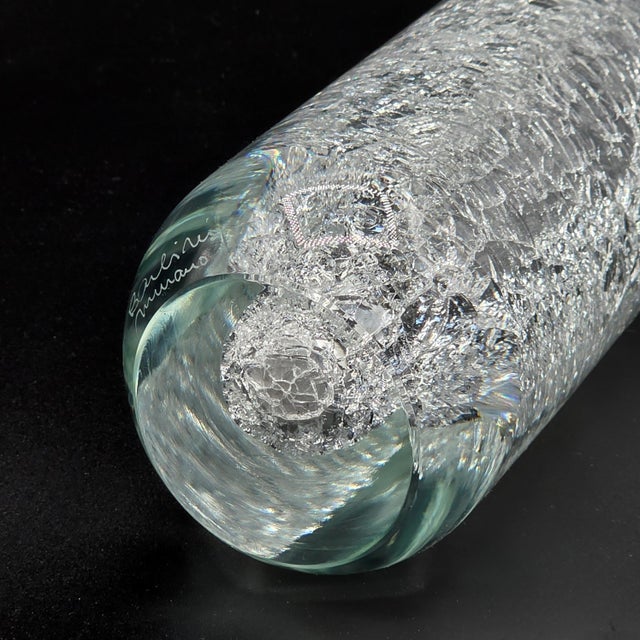 Glass Mid 20th Century Alfredo Barbini Signed Murano Crackle Glass Vase With Label For Sale - Image 7 of 10