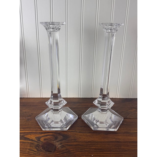 Val Saint-Lambert Signed Belgian Crystal Candlesticks, Pair, 11" Tall, Late 20th Century For Sale In Miami - Image 6 of 8