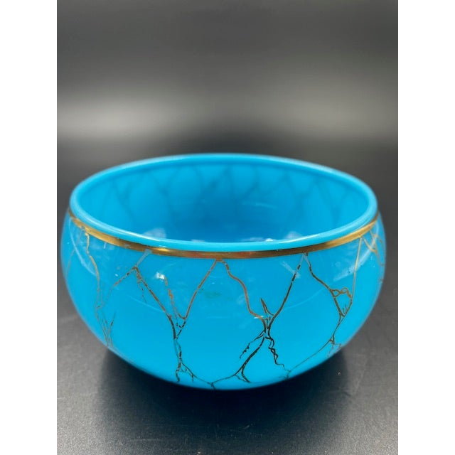 Mid 19th Century Beautiful Antique Blue Vitrified Opaline Bowl With Gilt Net Design For Sale - Image 12 of 12