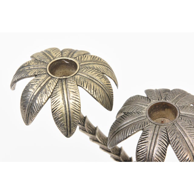 Metal Vintage Coastal 1970's Godinger Silver Plate Palm Tree Candlesticks Pair Of For Sale - Image 7 of 11