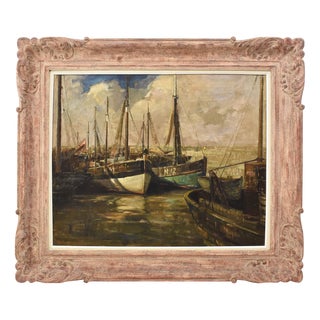 Pierre Verbeke, Marine Painting with Boats, 1920s, Oil on Canvas, Framed For Sale