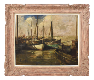 Pierre Verbeke, Marine Painting with Boats, 1920s, Oil on Canvas, Framed