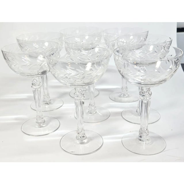 Glass Handcut Laurel Champagne Coupes- Set of Eight For Sale - Image 7 of 10