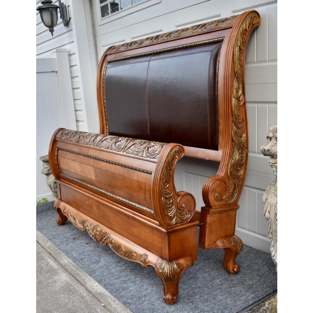 Legacy Pine Upholstered Sleigh Bed Carved and Inlaid Ornate Queen Frame For Sale - Image 14 of 18