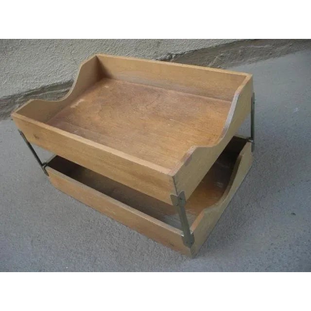Vintage Mid 20th Century Wood Two Tier Stacking Paper Filing Trays For Sale - Image 4 of 6