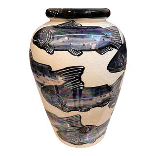 Beth Allison Gripenstraw “Salmon” Hand-Painted Ceramic Urn Vase, Santa Cruz, 1997 For Sale
