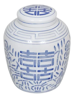 Double Happiness Blue & White Ceramic Ginger Jar