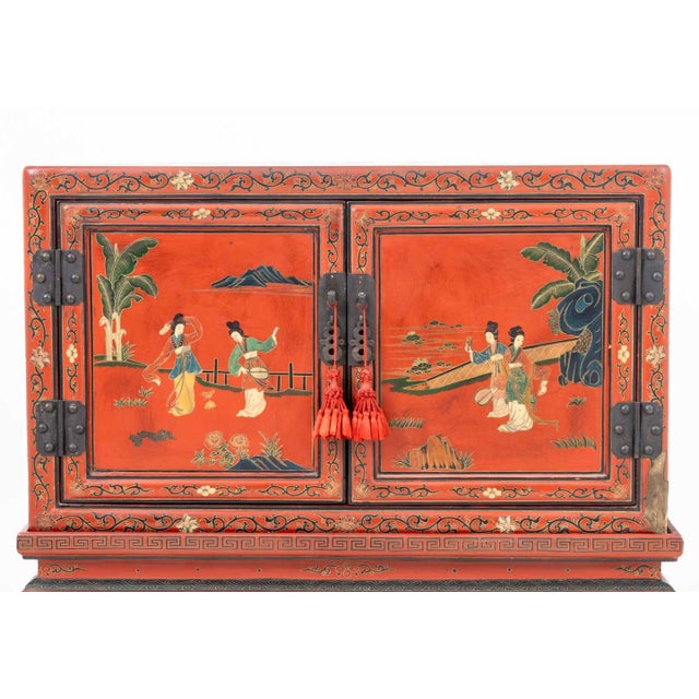 Chinese Red Lacquered Cabinet on Stand For Sale - Image 4 of 10