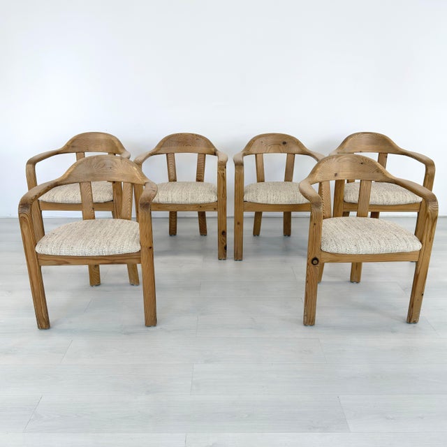 Dimensions: H 31” x W 24.5” x D 22” x SH 18.5” Set of 6 Vintage Danish pine dining armchairs designed by Rainer Daumiller...