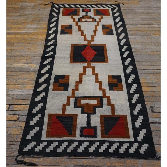 Tribal Mid 1930s Ivory Geometric Tribal Antique Native Navajo American Flatwoven Rug For Sale - Image 3 of 10