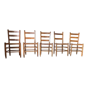 Mid 20th Century Set of 5 Vintage Shaker Style Slatted Ladder Back Rush Seat Dining Chairs