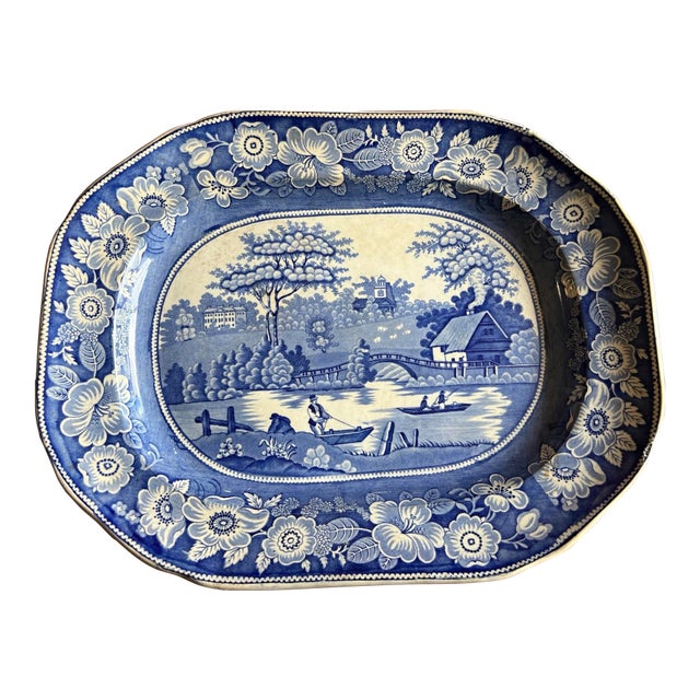 Antique Dark Blue Transfer Decorated Staffordshire Platter, "Wild Rose" For Sale