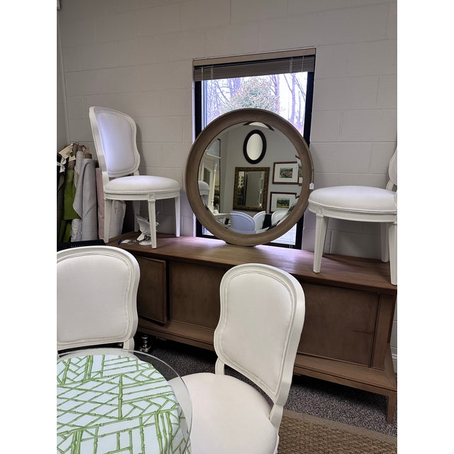 Large Round Mirror With Wide Concave Light Wood Tone Frame and Beveled Glass For Sale - Image 4 of 4