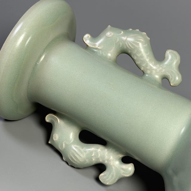 Ancient Chinese Longquan Celadon Carp Twin Handle Vase | One of a Kind For Sale - Image 6 of 9