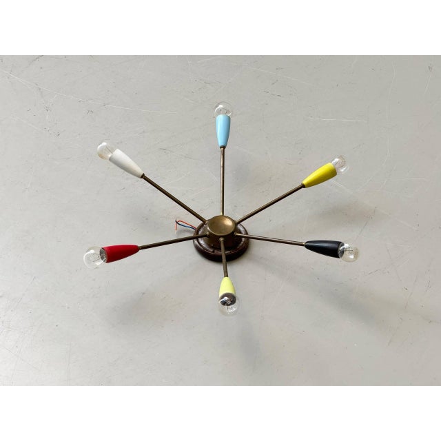 Mid-Century Modern Sputnik Ceiling Light with Six Brass Arms and Colored Sockets, 1960s For Sale - Image 3 of 16