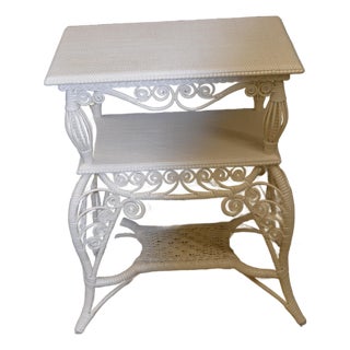 Vintage 1989 Michael's Classic Wicker Cream 3 Tier Woven Shelf Unit With Fiddlehead Trim For Sale