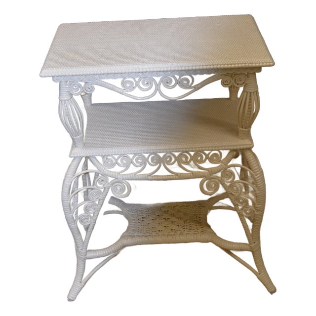 Vintage 1989 Michael's Classic Wicker Cream 3 Tier Woven Shelf Unit With Fiddlehead Trim For Sale