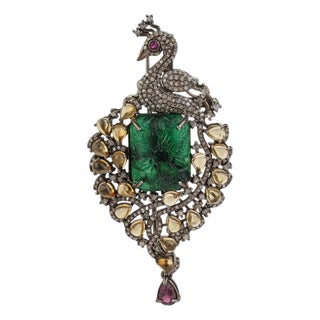 Handcrafted Peacock Motif Brooch Pendant With Multi Gems and Diamonds For Sale