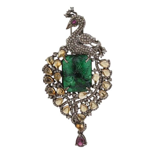 Handcrafted Peacock Motif Brooch Pendant With Multi Gems and Diamonds For Sale