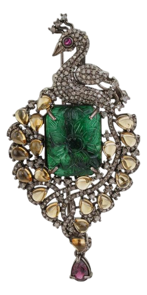Handcrafted Peacock Motif Brooch Pendant With Multi Gems and Diamonds