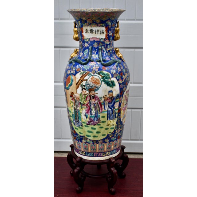 42 Chinese Floor Vase Famille Rose Gilt Dragon Handles Sanxing Star Gods For Sale - Image 14 of 16