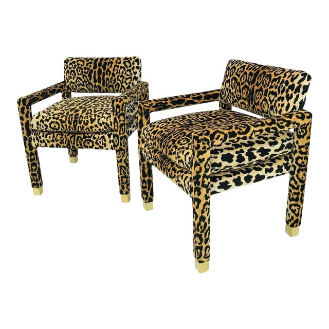 Leopard Parsons Chairs With Brass Sabots, Custom - A Pair For Sale