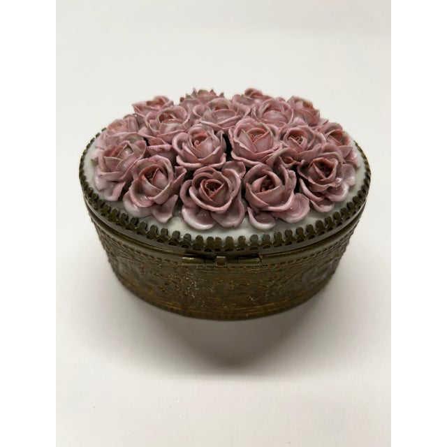 Early 1900s Antique Brass Ceramic Rose Box For Sale - Image 4 of 7